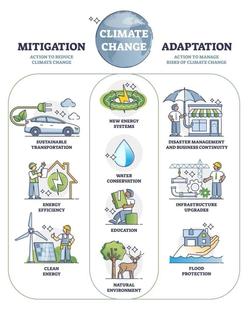 What is Climate Change Mitigation? Here's What to Know 1 Infographic representation of climate change mitigation vs. adaptation