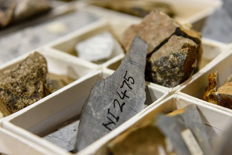 Precious stones Rock core samples at a geological research laboratory