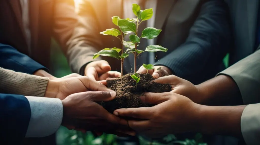 Various men holding a plant