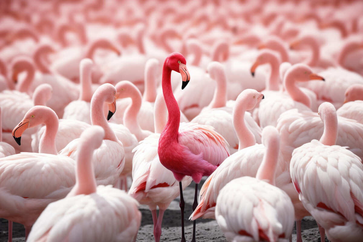 Standing out from the crowd , pink flamingo standing between man white birds