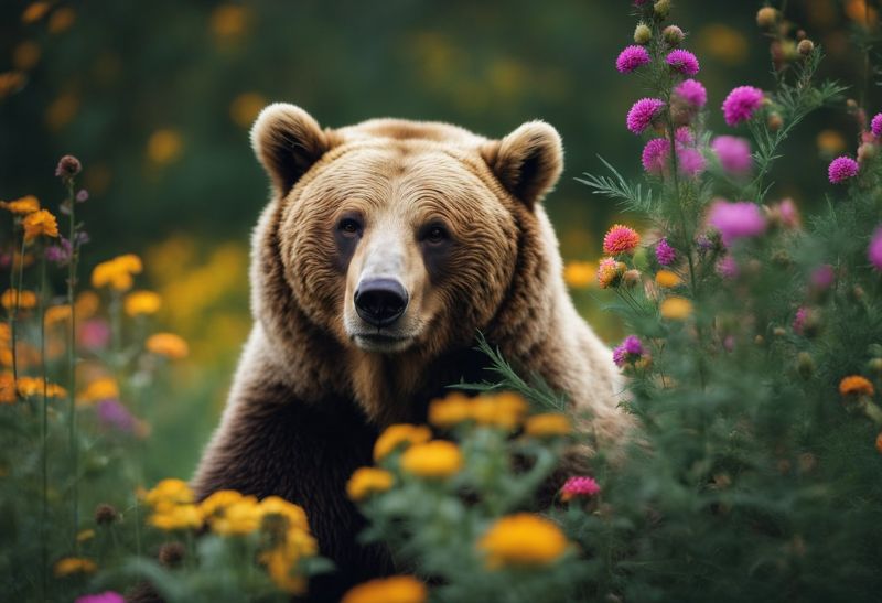 Bear behind flowers