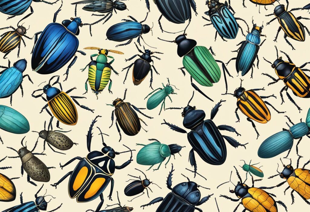 Beetles illustration in various colors and sizes