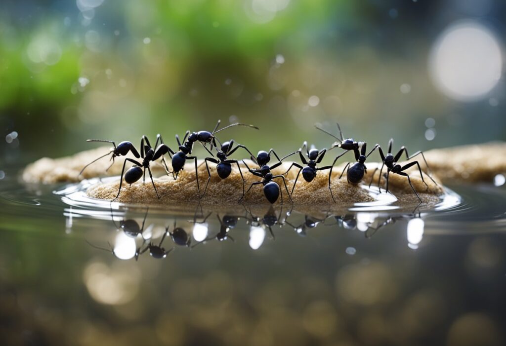 Black ants standing on a bread crumb under the rain