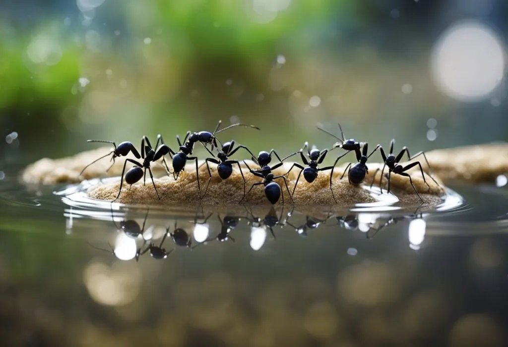 Black ants Black ants standing on a bread crumb under the rain