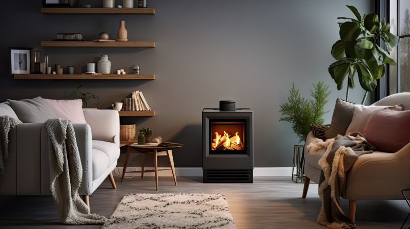 Contemporary pellet stove in living room with flames and pellets