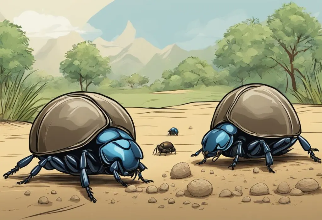 Two dung beetles on the ground