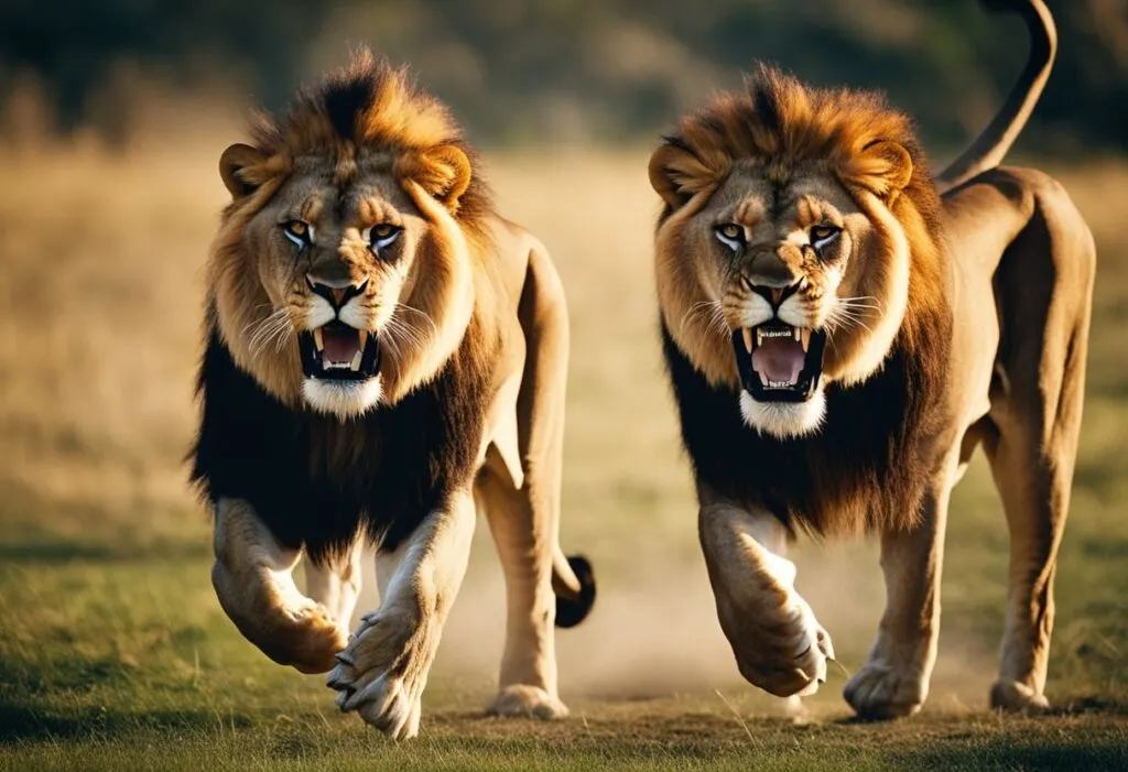 Two lions growling and looking fierce