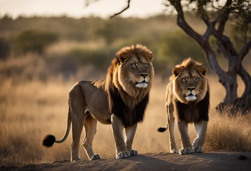 Lions A couple of lions standing in the wild