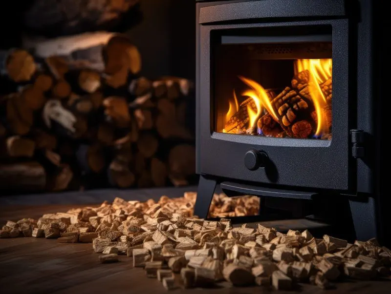 Pellets in front of a fireplace