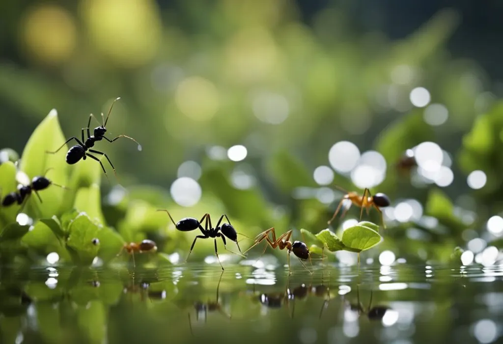 Red and black ants in the water with green leaves