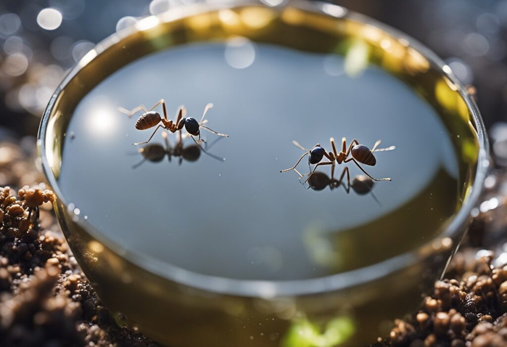 Two red ants in water