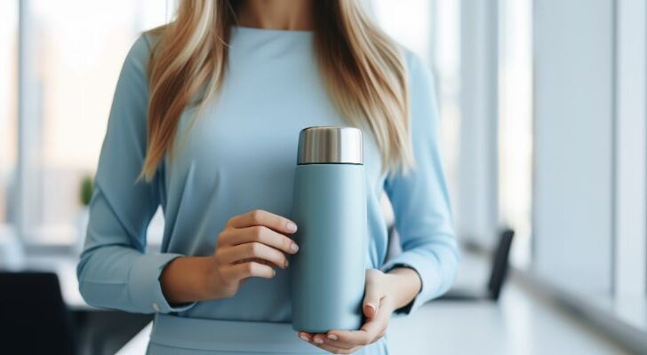 Woman holding thermos bottle