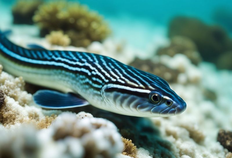 Eel fish swimming among corals