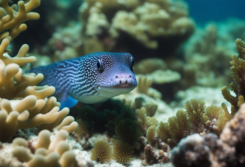 Fimbriated moray among corals