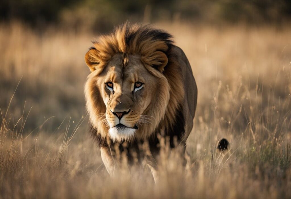 Do Lions Eat Cheetahs? Why Lions Kill but Rarely Eat Them 5 Adult male lion walking toward the camera through dry grass