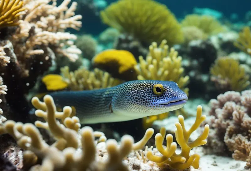 Snyder's moray surrounded by corals