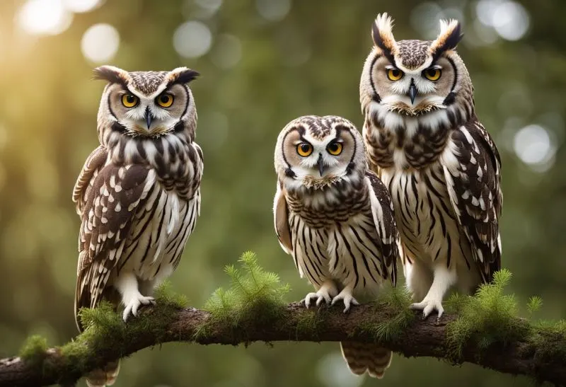 Family of owls perching on a tree branch