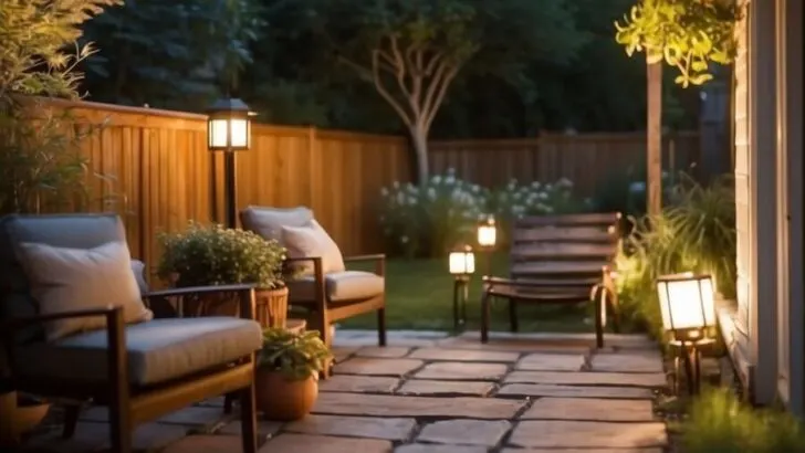 A backyard oasis with solar outdoor lighting, casting a warm glow on the patio, garden, and pathways