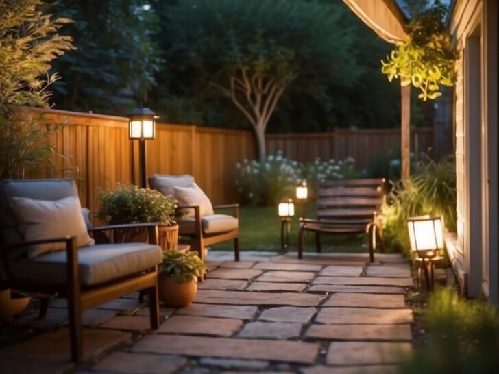 A backyard oasis with solar outdoor lighting, casting a warm glow on the patio, garden, and pathways