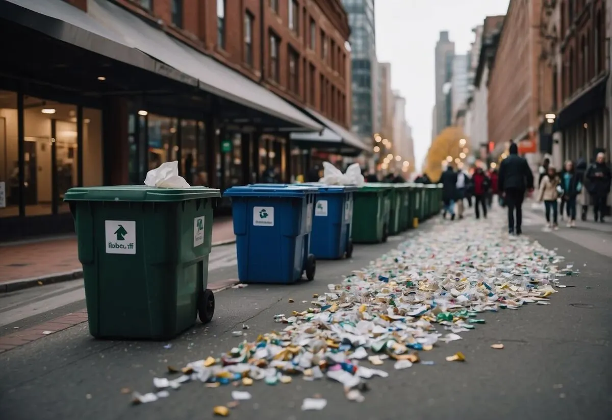 From Waste to Resource: Innovative Recycling Programs Around the World 1 A bustling city street with separate bins for paper, plastic, and glass