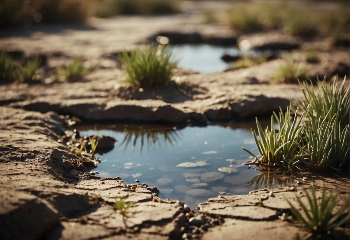 Water Conservation at Home: Tips for a Sustainable Household 1 A dry, cracked earth with wilted plants surrounded by a small, trickling stream a