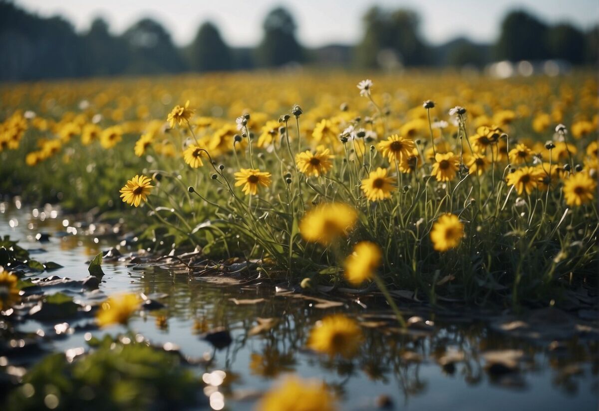 Illustration of wilted flowers beside pesticide containers and polluted water, representing threats to pollinators