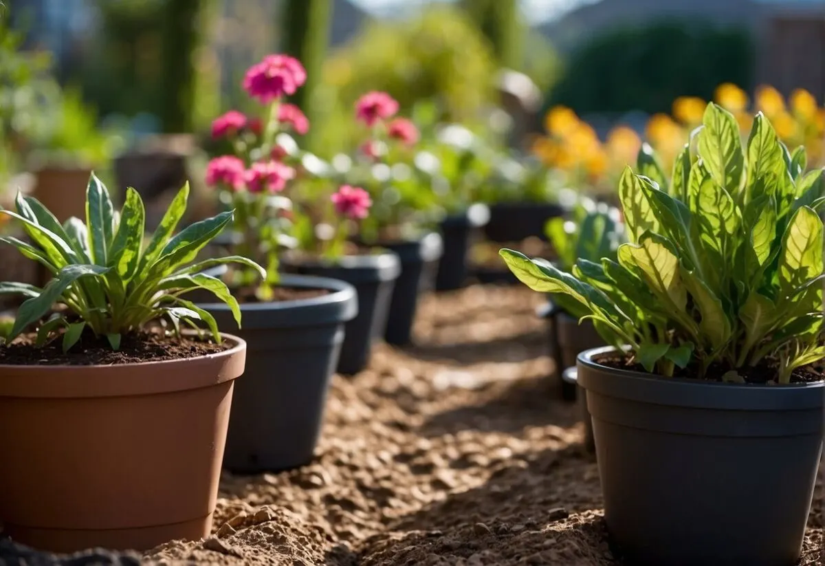 Water Conservation at Home: Tips for a Sustainable Household 3 A garden with drip irrigation, rain barrels, and mulch to conserve water. Plants are thriving with minimal water usage