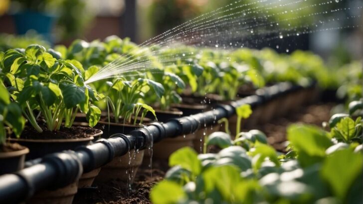 A garden with various sized plants and vegetables being watered by a network of drip irrigation systems