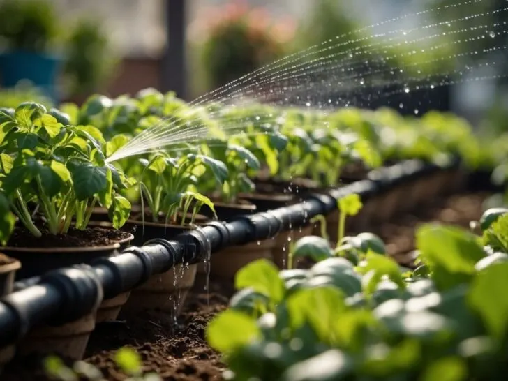 A garden with various sized plants and vegetables being watered by a network of drip irrigation systems