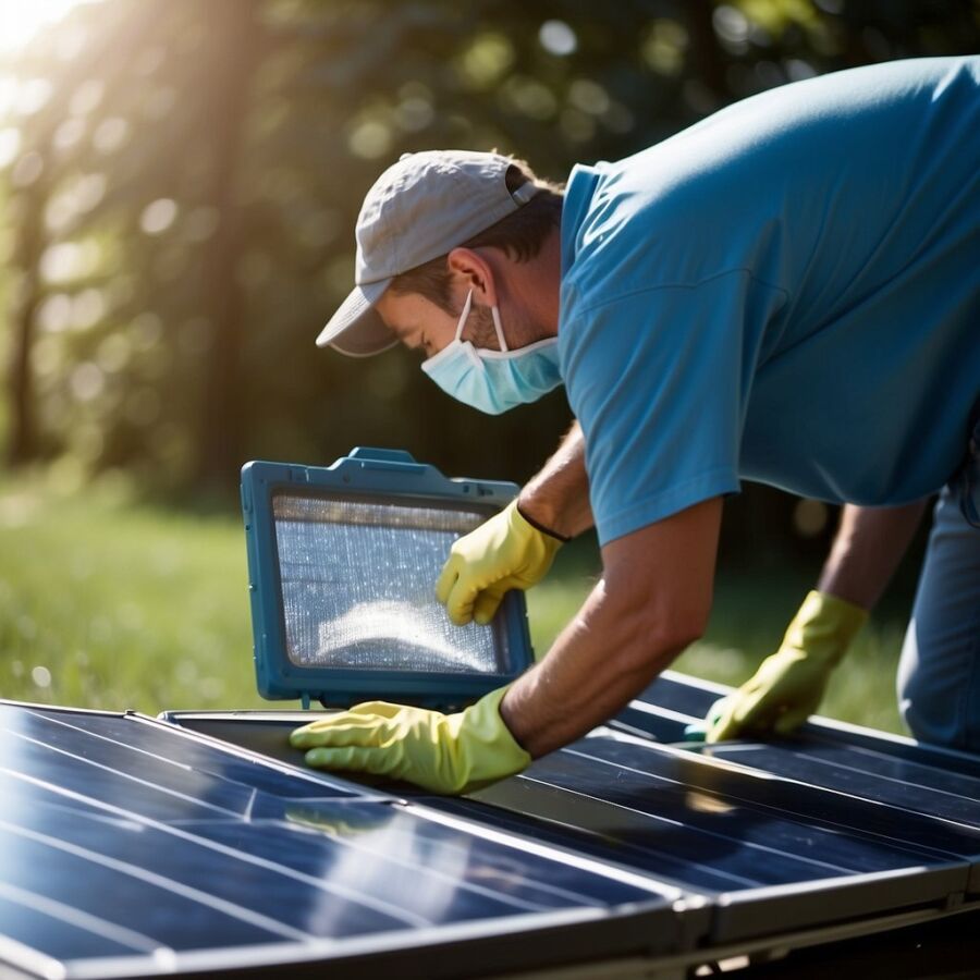 Solar Outdoor Lighting: How to Choose, Install, and Maintain It 7 Person wiping dirt from the solar panel on an outdoor light