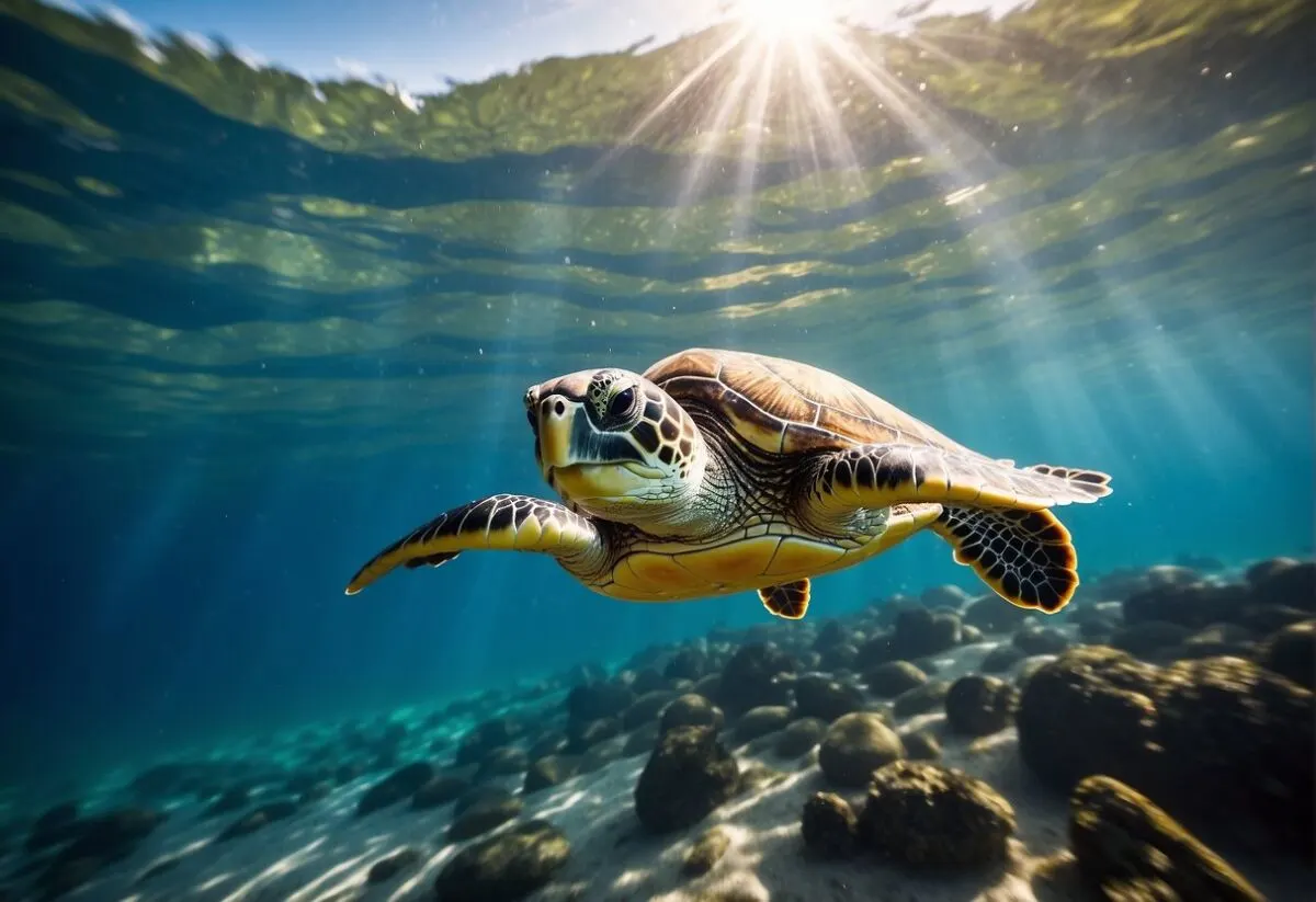 Reviving Our Oceans: The Most Effective Marine Conservation Strategies 4 A sea turtle swimming through clear ocean waters, surrounded by floating plastic debris. Sunlight filters through the water