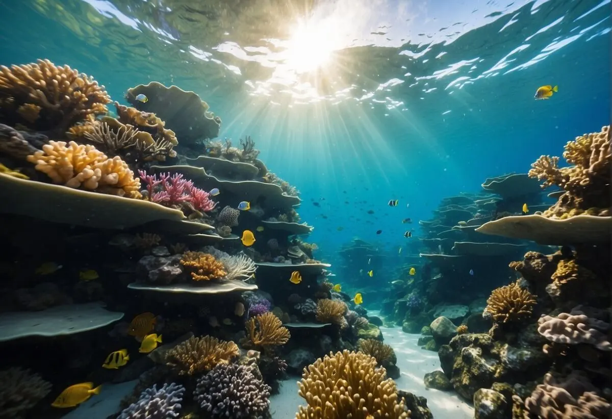 Reviving Our Oceans: The Most Effective Marine Conservation Strategies 2 A vibrant coral reef teeming with diverse marine life, surrounded by clear blue waters