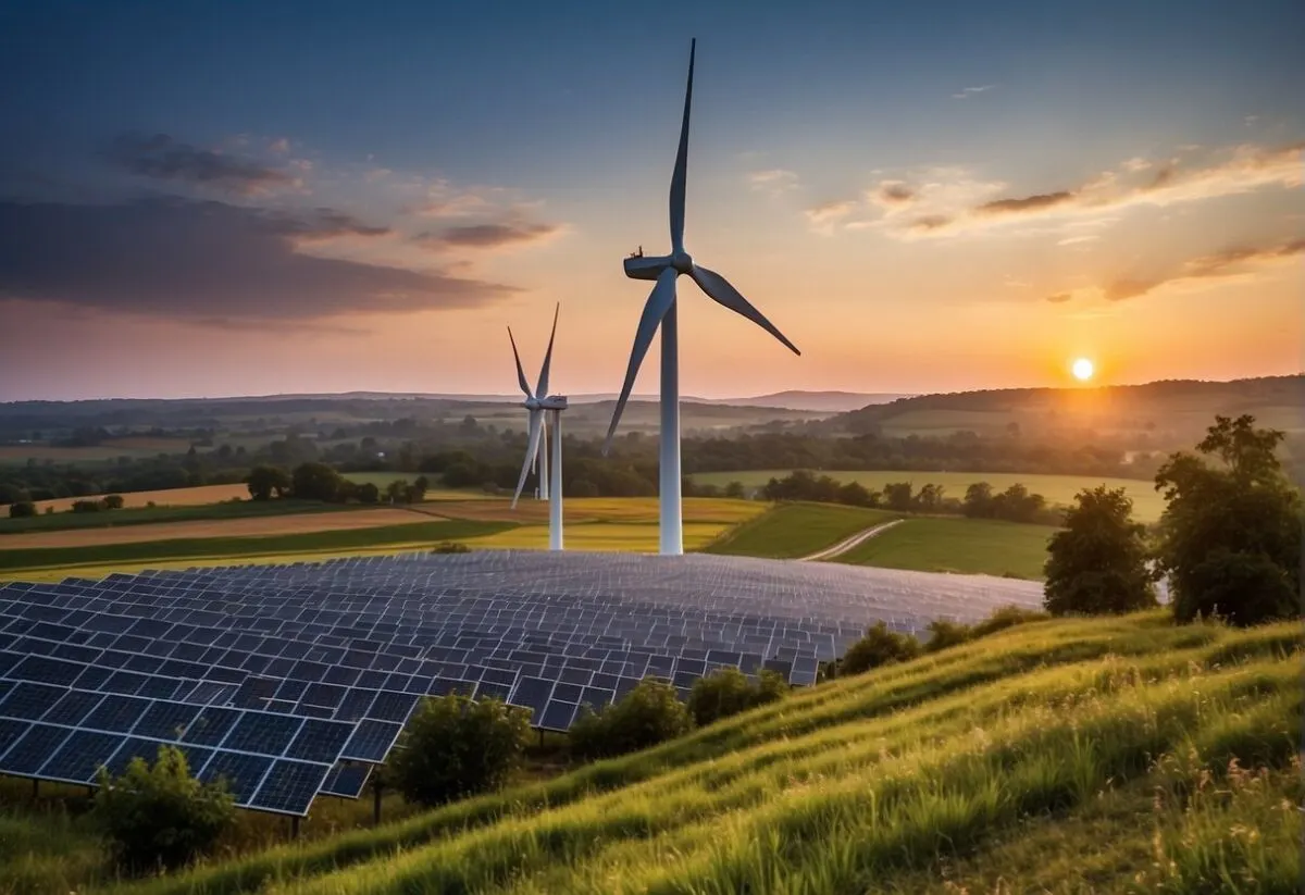 Eco-Friendly Living: How to Reduce Your Carbon Footprint in 5 Easy Steps 5 A wind turbine stands tall against a colorful sunset sky, surrounded by fields of solar panels and lush green trees, symbolizing renewable energy and eco-friendly living