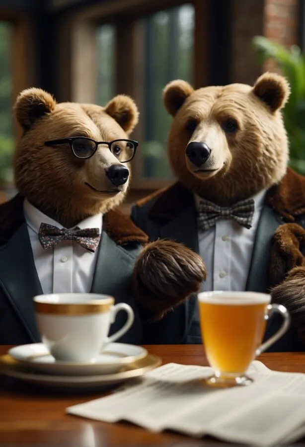 Bears in tuxedo having tea