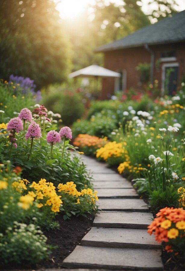 45 Sustainable Garden Ideas for an Eco-Friendly Outdoor Space 2 Colorful flower border beside a stone path and steps