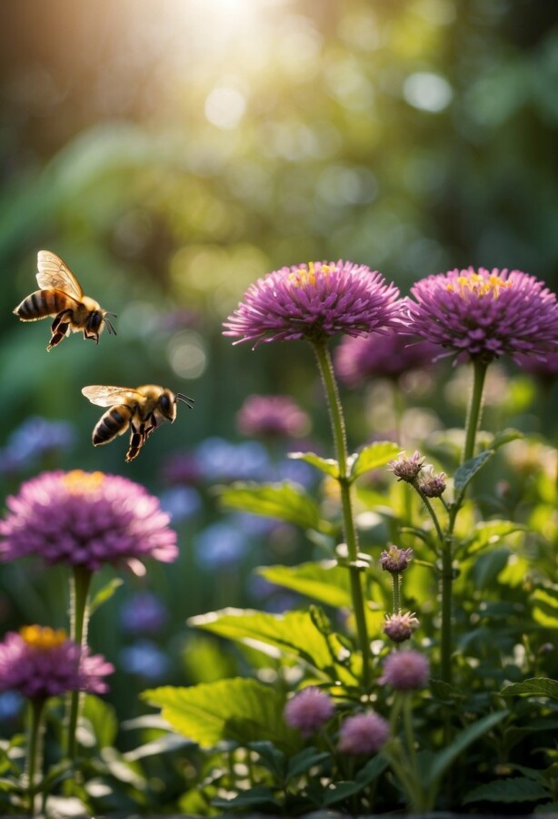 45 Sustainable Garden Ideas for an Eco-Friendly Outdoor Space 36 Bees flying toward purple globe-shaped flowers