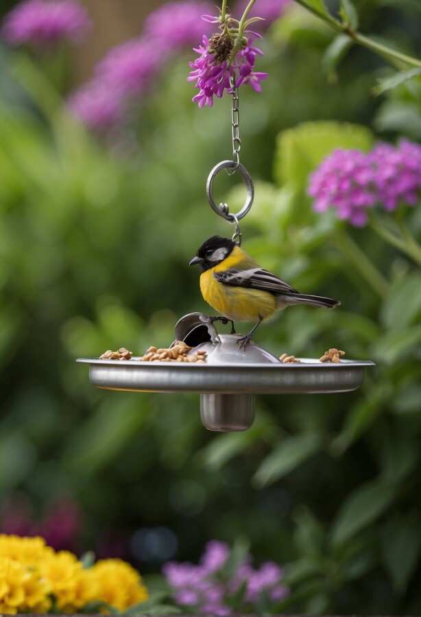 45 Sustainable Garden Ideas for an Eco-Friendly Outdoor Space 37 Small bird perched on a hanging seed feeder