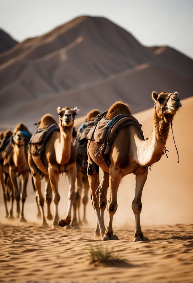 Camels crossing an arid desert landscape