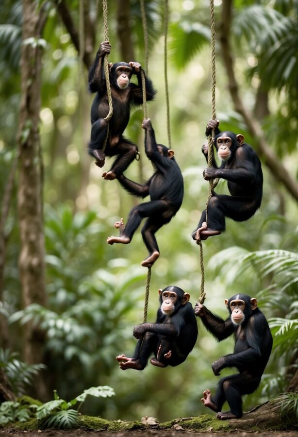 16 Animals Ending With E: Names, Facts, and Photos 13 Group of chimpanzees climbing through a forest canopy