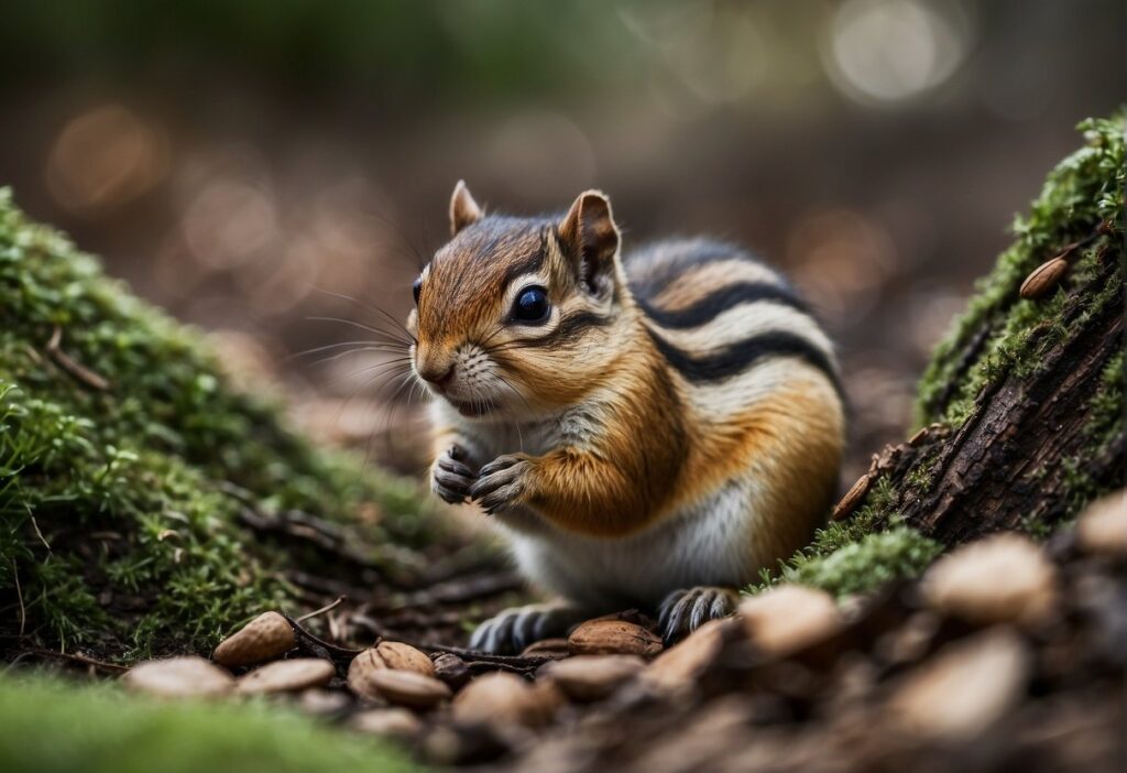 Cute chipmunk with nuts on the foreground