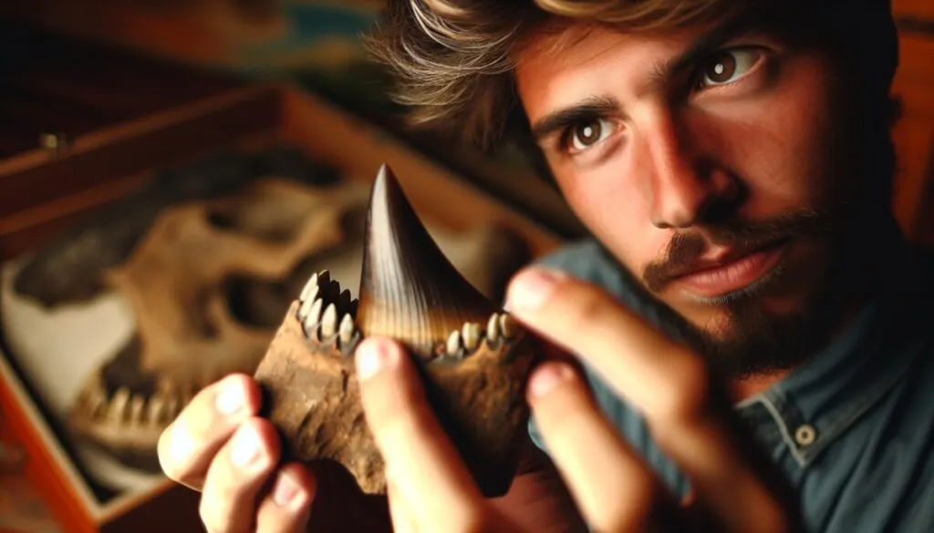Checking megalodon tooth Collector checking megalodon tooth