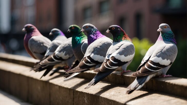 Colorful pigeons perched on a wall