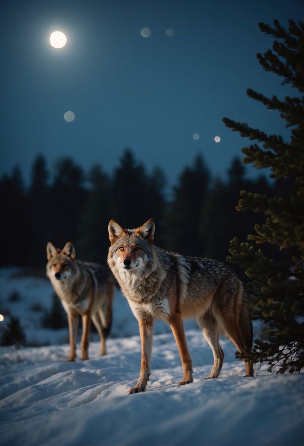 16 Animals Ending With E: Names, Facts, and Photos 14 Two coyotes standing in snow at dusk
