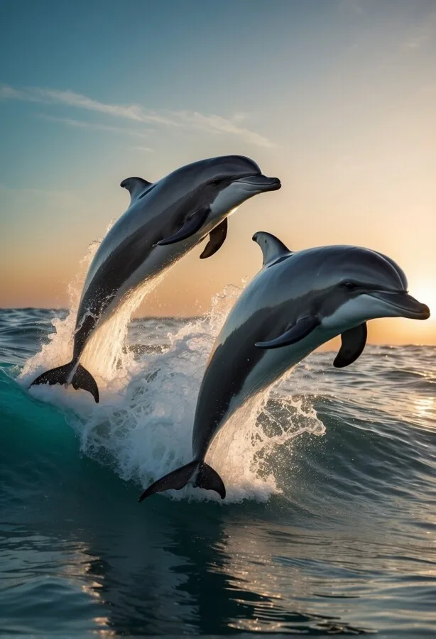 45+ Pictures of Animals Doing Funny Things 23 Two dolphins jumping on the water