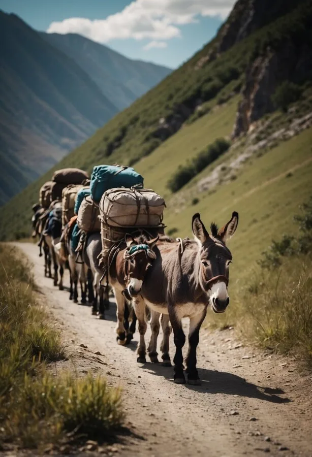 Donkeys carrying loads of baggages 