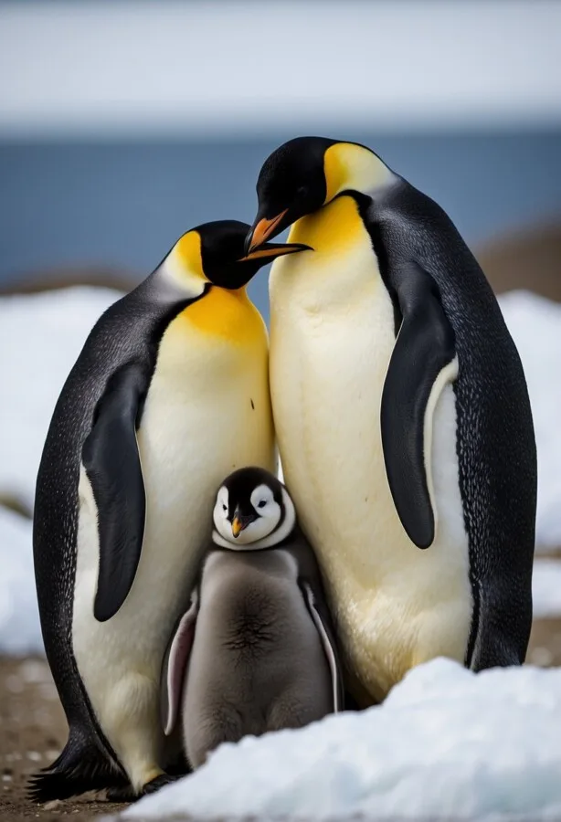 Emperor penguin couple with baby penguin