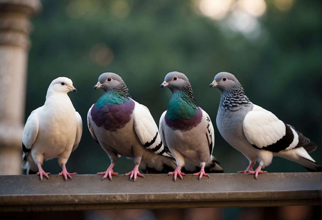 Fancy pigeon breeds with different feather shapes and colors