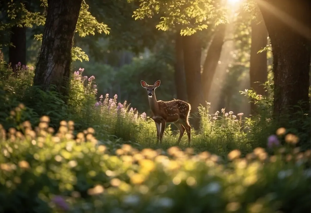 Female deer among trees and plants in the forest