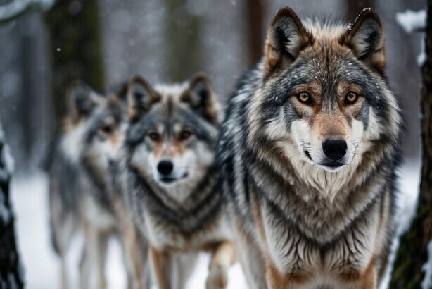 Fierce wolves walking in the snow