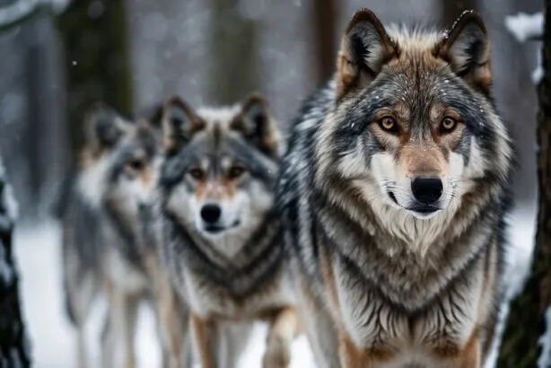 Fierce wolves walking in the snow